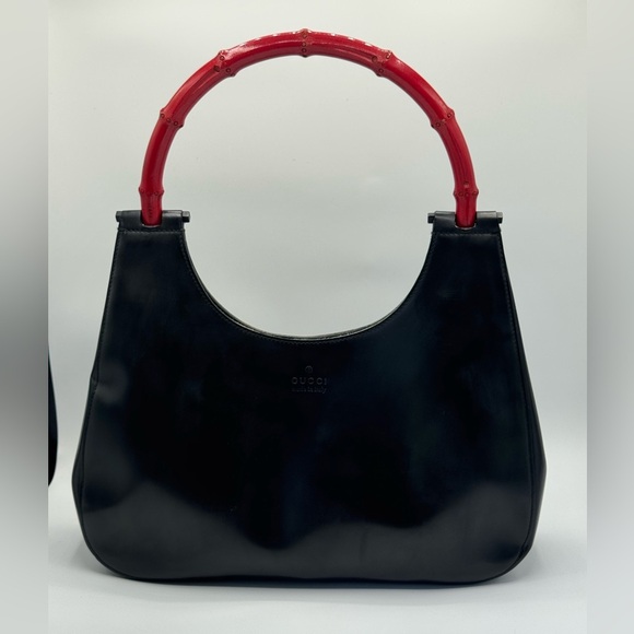 Authentic Gucci Black With  Red Bamboo Handle Shoulder Bag With Hobo Silhouette - Picture 1 of 17